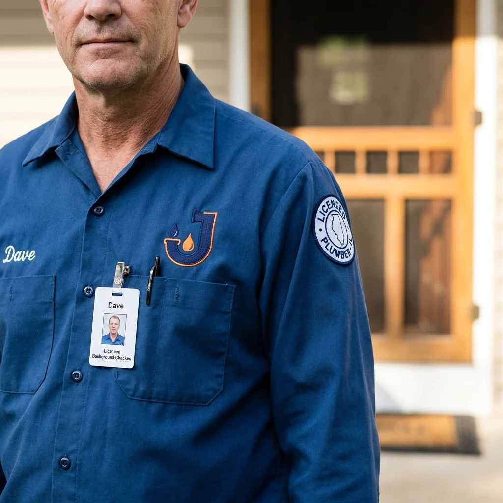 Licensed plumber showing ID badge in Mableton, GA