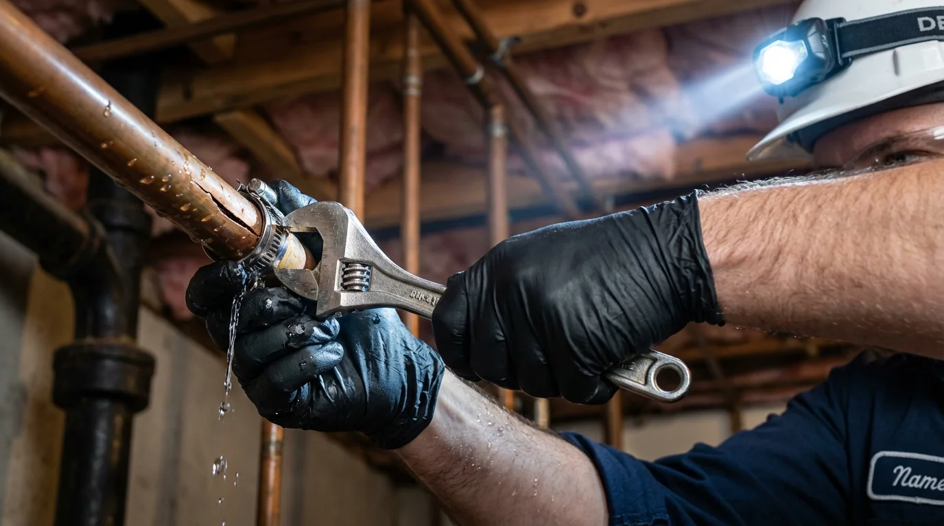 Emergency pipe clamp repair being performed by a Johns Plumbing LLC plumber in Mableton