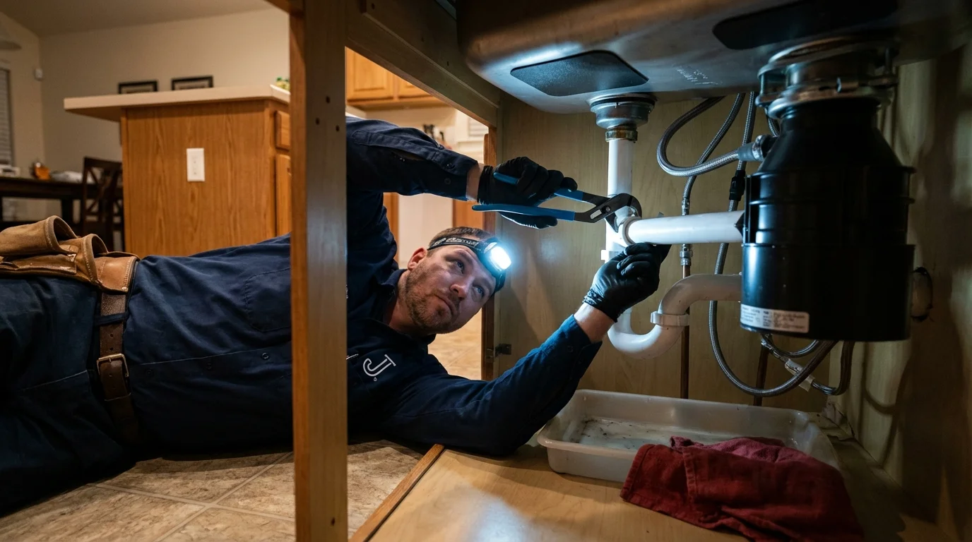 P-trap and supply line connections under a kitchen sink showing a common leak point in Mableton, GA
